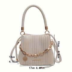Elegant White Pleated Bucket Bag for Women – Chic Summer Crossbody Shoulder Handbag with Golden-Tone Hardware & Braided Handle, Versatile All-Match Design, Ladies Handbags