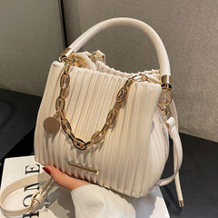 Elegant White Pleated Bucket Bag for Women – Chic Summer Crossbody Shoulder Handbag with Golden-Tone Hardware & Braided Handle, Versatile All-Match Design, Ladies Handbags