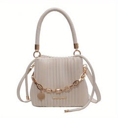 Elegant White Pleated Bucket Bag for Women – Chic Summer Crossbody Shoulder Handbag with Golden-Tone Hardware & Braided Handle, Versatile All-Match Design, Ladies Handbags