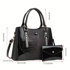 2-Piece Set Crocodile-Embossed PU Leather Handbags, Large Capacity Retro Style Bag, Fashionable Tote & Crossbody Bag For Women With Shoulder Strap