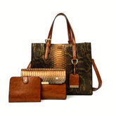 Stylish 3-Piece Set - Faux Leather Crocodile Pattern Handbags - Vintage Design Tote With Matching Clutch & Wallet Crossbody Bag