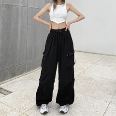 2025 Women Casual Joggers Tech Pants Solid Low Waist Pants Drawstring Wide Leg Baggy Trousers Y2k Streetwear Oversize Sweatpants