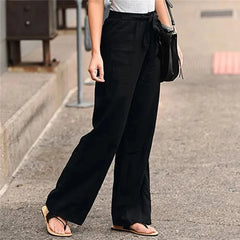 Women Solid Long Pants Women Casual Loose Cotton Linen Lace Up Elastic Waist Wide Leg Trousers Ladies Streetwear Straight Pants