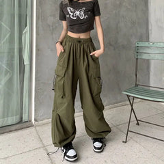 2025 Women Casual Joggers Tech Pants Solid Low Waist Pants Drawstring Wide Leg Baggy Trousers Y2k Streetwear Oversize Sweatpants