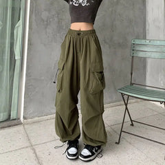 2025 Women Casual Joggers Tech Pants Solid Low Waist Pants Drawstring Wide Leg Baggy Trousers Y2k Streetwear Oversize Sweatpants