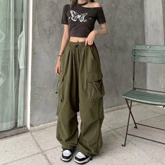 2025 Women Casual Joggers Tech Pants Solid Low Waist Pants Drawstring Wide Leg Baggy Trousers Y2k Streetwear Oversize Sweatpants