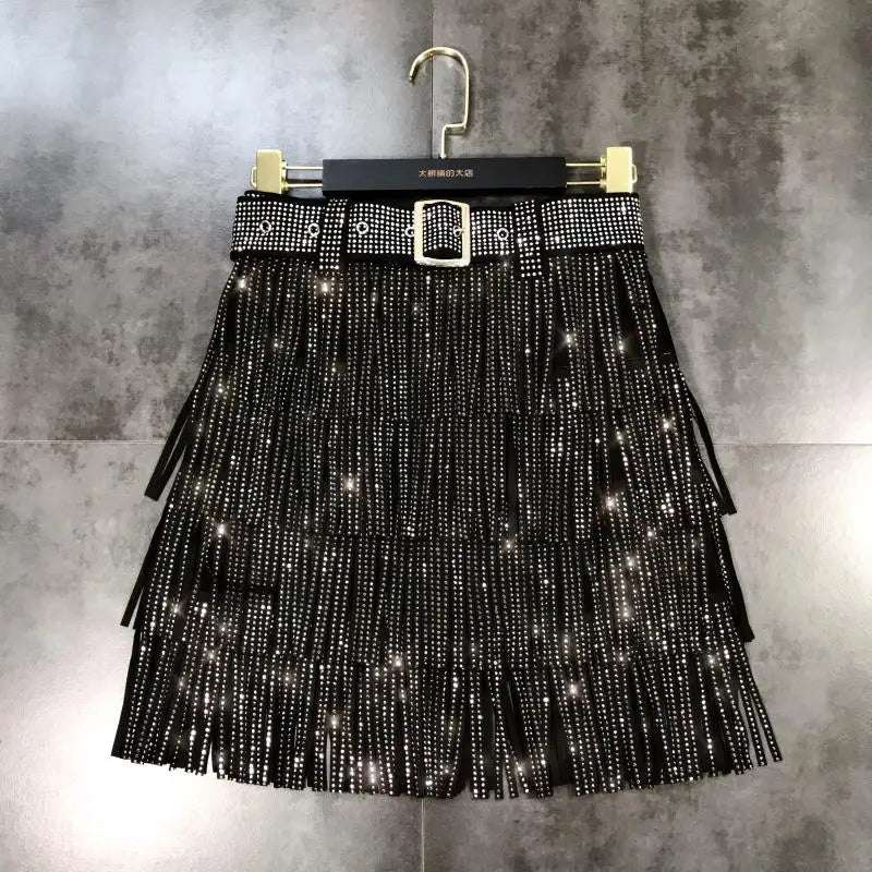 Women Skirt Fashion 2025 New Autumn High Waist Belt Multi Layer Short Heavy Drilling Rhinestones Fringed Skirt with Cake A Line