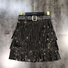 Women Skirt Fashion 2025 New Autumn High Waist Belt Multi Layer Short Heavy Drilling Rhinestones Fringed Skirt with Cake A Line