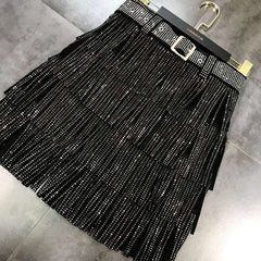 Women Skirt Fashion 2025 New Autumn High Waist Belt Multi Layer Short Heavy Drilling Rhinestones Fringed Skirt with Cake A Line