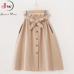 Women Summer Midi Skirt Girls Elegant Solid High Waist Spring Casual Single-Breasted Sashes Office Ladies A-Line Cotton Skirt