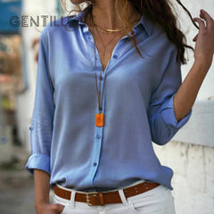 Blusas elegantes de gasa con cuello en V y manga larga para mujer, blusas de trabajo de talla grande para primavera y verano de 2023