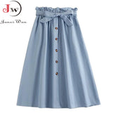Women Summer Midi Skirt Girls Elegant Solid High Waist Spring Casual Single-Breasted Sashes Office Ladies A-Line Cotton Skirt