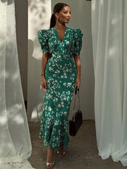 Printed Puff Sleeve Sexy Deep V-neck Dress High Waist Holiday Patchwork Chic High Waist Summer Dresses Party Lady Fishtail Robe