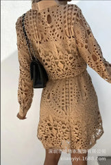Women Shirt Dress Long Sleeve Tight Waist Belt Dresses Casual Lace Splice A Lnie Mini Vesstidos Single Breasted Autumn 2024