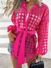 Women's Casual Plaid Turn-down Collar Sheer Mesh Long Sleeve Tied Detail Shirt Dress Mini Dress with Belt