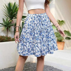 Summer Skirt New Women'S Fashionable Floral Print Skirt 2025 Trend Elastic Waist Strap Versatile Casual Skirt Blue White Skirt