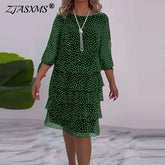 Spring Polka Dot Print Ruffles Cake Dress Women Elegant O Neck Back Button Party Dress Fall 3/4 Sleeve Tie-up Hollow New Dresses