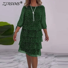 Spring Polka Dot Print Ruffles Cake Dress Women Elegant O Neck Back Button Party Dress Fall 3/4 Sleeve Tie-up Hollow New Dresses