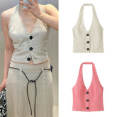 2025 Women's New Tops Summer Solid Color Halterneck Neck Top Sexy V-Neck Design Casual Fashion Personality Versatile