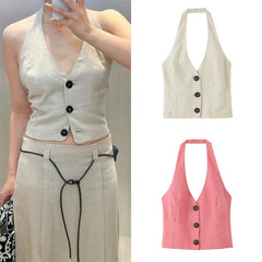 2025 Women's New Tops Summer Solid Color Halterneck Neck Top Sexy V-Neck Design Casual Fashion Personality Versatile