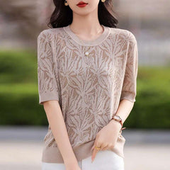 T-shirt Women Tops Summer 2025New Clothing Body O-neck Half Sleeve Tees Shirt Solid Color Maple Leaf Pattern Casual Fashion Top