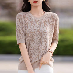 Camisetas para mujer, camisetas de verano 2025, nuevas camisetas de cuello redondo de media manga, camisetas de color liso con estampado de hojas de arce, tops casuales de moda.