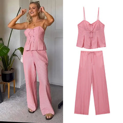 Women's 2025 New Pants Sets Summer Fashion Striped Elastic Waist Pants 2-piece Set Street Chic Elegant Women Holiday Travel Suit
