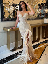 VC Nude Strapless Crystals Embellished Long Dress Sheath Low V Neck Sleeveless Feather High Side Slit Floor Length Evening Gown
