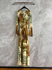 Vestido largo de fiesta con cuello en V, manga larga y estampado retro de plantas para mujer