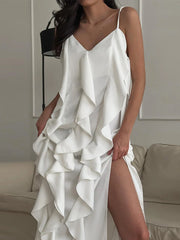 Vestido largo elegante de tubo liso para mujer, cuello en V, sin mangas, con volantes y abertura lateral, para fiesta de verano 2025.