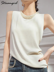 Blusa de punto con cuentas de verano para mujer, elegante blusa blanca lisa sin mangas para oficina, top de punto fino con cuello redondo, camiseta sin mangas con cuentas para mujer