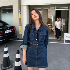 Vintage Denim Dress For Women Spring Summer Long Sleeve Slim Fit Short Jean Dress Chic Female Casual Mini Dress Street wear