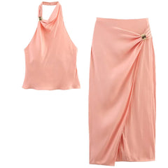 TRAF Satin Skirt Set Women's Two Pieces Set Elegant Halter Backless Top Set 2 Piece Woman Midi High Waist Wrap Skirt Suit Outfit
