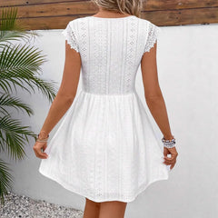 Summer Casual Lace Hollow Stretch Dress Women 2025 Elegant Sleeveless White High Waist Midi Dresses Elegant Clothing