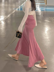 Shirring Satin Skirts for Women High Waisted Skirt 2025 Women A-Line Elegant Skirts Summer Pink Midi Skirt New Korean Style