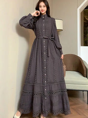 2025 New Women's Dress Boho Retro Hollow Lace Splicing Spring And Autumn Dress Belt Waist Long Sleeve Lapel Long Dress