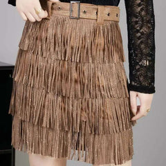 Women Skirt Fashion 2025 New Autumn High Waist Belt Multi Layer Short Heavy Drilling Rhinestones Fringed Skirt with Cake A Line