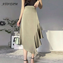 Elegant High Waist Satin Skirts Women Irregular Mermaid Skirt Fashion Streetwear Casual A-Line Skirts Office Lady Long Skirts