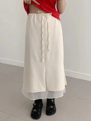 Double Layered Belted Straight Cut Long Skirt for Women Spring New Sle Korean High Waist Slit Commute Friendly Skirt