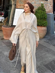 Elegante vestido largo plisado con cintura para mujer, manga larga, encaje, cuello redondo, suelto, verano otoño 2025, nuevo, hasta los tobillos.