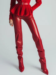 Women's PU Pants High Waist Fashion Style Trousers With Pockets Solid Color Straight-leg Pants Red Streetwear Spring Autumn