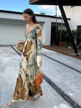 Women Retro Plant Print V Neck Long Sleeve Ias-cut Holiday Wear Maxi Long Dress