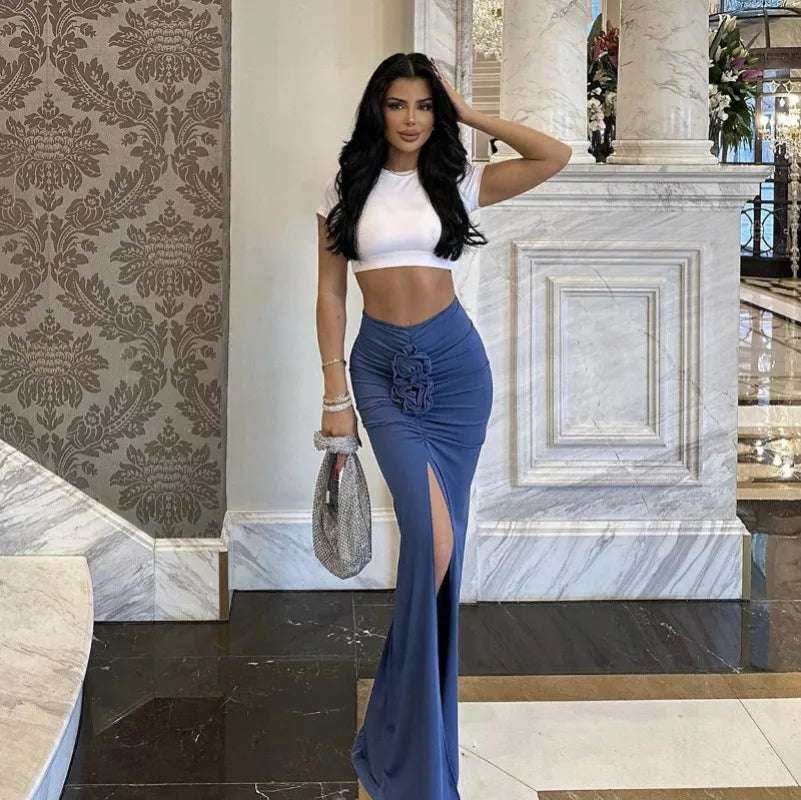 Temperament New Fashion Skirt Women Summer Streetwear Solid Skirts Appliques Sexy Split Slim Elegant Party Skirts Female