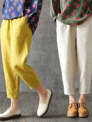 2025 Fashion Woman Pants Casual Cotton Linen Harem Pants LOOSE Solid Ankle-Length Pants Elastic Waist Women's Summer Breeches