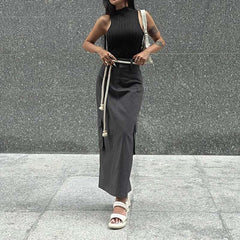 Solid Skirt Summer Women New Fashion Pockets Button Sexy Split Skirt Streetwear Casual Slim Female Club Elegant Party Long Skirt