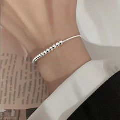 100% Solid 925 Sterling Silver Metal Bracelets for Women Men Beads Adjustable Handmade Simple Bracelet Birthday Christmas Gift