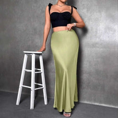 Stained Satin Skirt Spring and Summer New European and American Simple Imitation Silk Long Skirt for Women