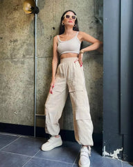 Women's Pants Tienda Traf High Waisted Drawstring Leggings Workwear Longs Sports Wide Leg Trousers Summer Thin Clothing