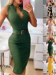 Vestido ajustado de verano para mujer, liso, con botones delanteros y cinturón, informal, estampado, sin mangas, ajustado, para oficina, fiesta, midi, 2024