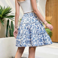 Summer Skirt New Women'S Fashionable Floral Print Skirt 2025 Trend Elastic Waist Strap Versatile Casual Skirt Blue White Skirt